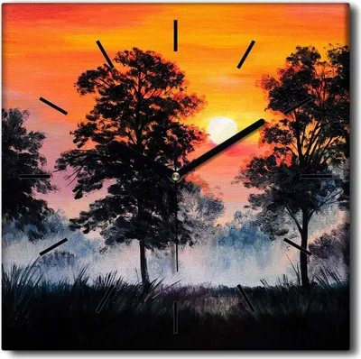 Produktbild von Coloray Uhr auf Leinwand 30x30 cm Wand Uhr Dekoration Wohnzimmer Segeltuch schwarze Hände -Sonnenuntergang Nebel