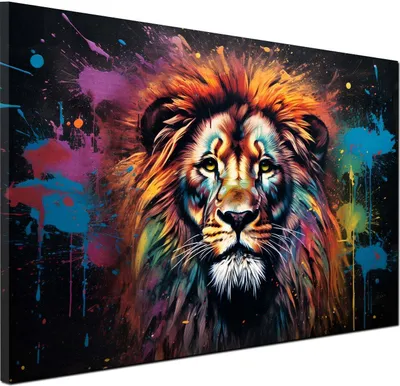 Produktbild von Löwe frontal Pop Art Wandbild Leinwandbild Kunstdruck XL Wanddeko: 90x60x4cm