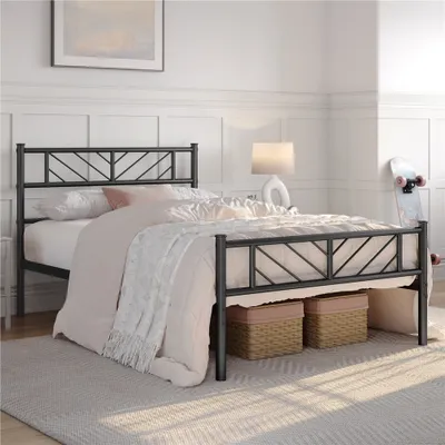 Produktbild von Yaheetech Metallbett Minimalistischer Bettrahmen mit Kopfteil Gästebett mit Lattenrost für Schlafzimmer Gästezimmer 32cm Höhe unter dem Bett 90 x 190 cm Schwarz