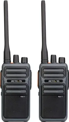 Two Retevis RB617 walkie-talkies are shown against a white background.