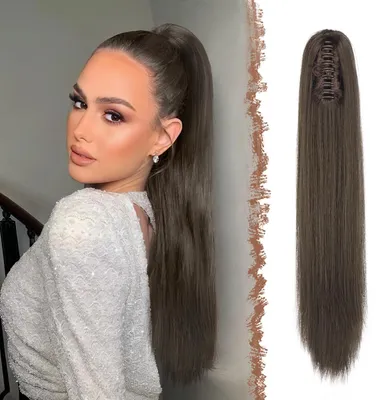 Immagine prodotto di Caschetto per capelli a forma di coda di cavallo, sintetico, liscio, color marrone, 63 cm, 2-in-1 con clip e cordoncino