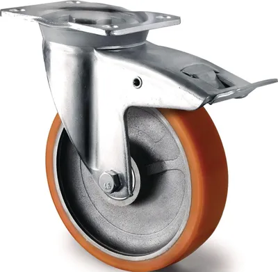 Image de Roulette pivotante pour charges lourdes - Roue de 125 mm, capacité de charge 700 kg, frein total, polyuréthane coulé, 135 mm x 110 mm