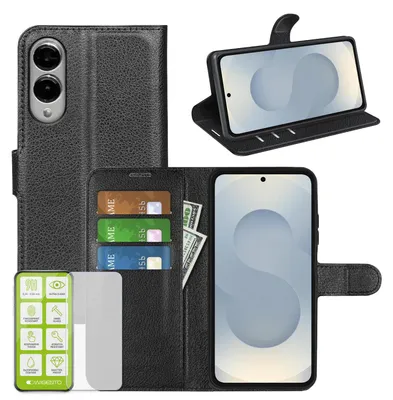 Produktbild von Für Samsung Galaxy S25 Edge 5G Kunstleder Book Hülle Schwarz + 9H Schutzglas