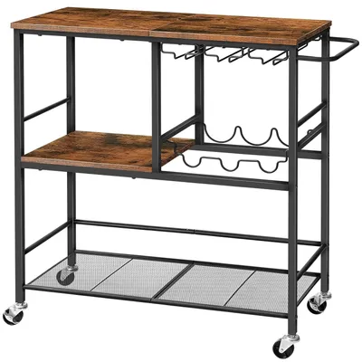 Produktbild von TRANKIELO® - Serviertisch mit Rollen - Küchenwagen mit 3 Etagen - Barwagen mit abschließbarem Fach - Vintage-Design in Braun und Schwarz