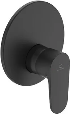 A black shower mixer tap with a circular backplate and a lever handle.