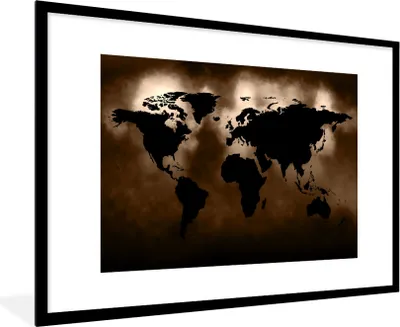 Produktbild von MuchoWow® MuchoWow® Gerahmtes Poster Weltkarte - Schwarz - Braun 90x60 cm - Poster mit zchwarzem Bilderrahmen - Wanddekoration - Fotos