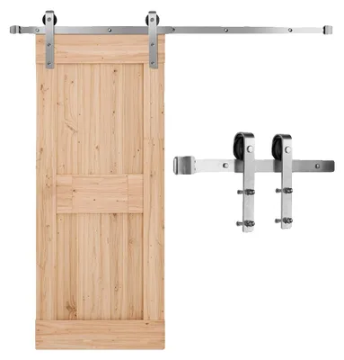 Obrázek produktu pro Systém posuvných dveří VEVOR, dráha 1,5 m, nosnost 150 kg, maximální kompatibilita 762 mm. Šířka a tloušťka 34,92-44,45 mm, kolejnice a J-válec, stříbrná