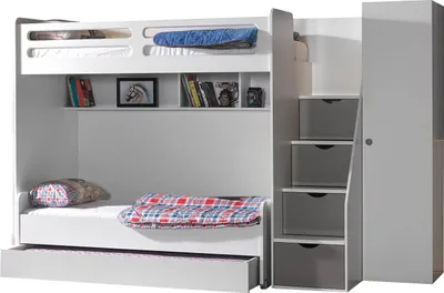 Produktbild von Etagenbett SMART mit Treppe und Bettkasten, 3 Farben : Weiß mit Schrank Farbe: Weiß Schrank: mit Schrank