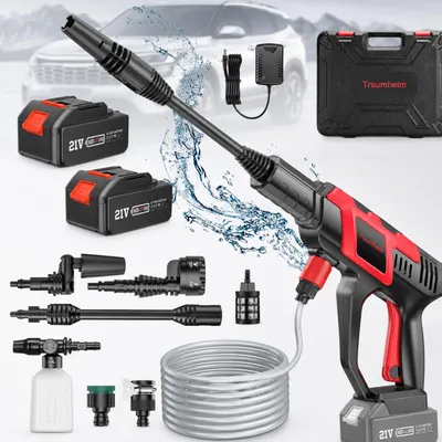 Produktbild von 120BAR 6 in 1 Akku Hochdruckreiniger mit 8000mAh Akkus, Bürstenloser Motor mit 0–180° Rotationsdüse, 2 Wasserhahnadapter für Auto, Garten & Outdoor, KI-generiertes Bild