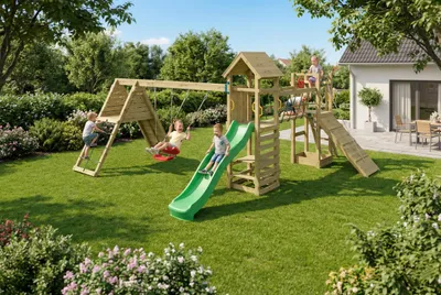 Produktbild von Fungoo Spielturm Maxi Funny CARNIVAL mit Rutsche, Schaukeln, Kletterwand und Seilbrücke