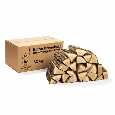 A cardboard box of firewood and a pile of firewood logs are shown against a white background.