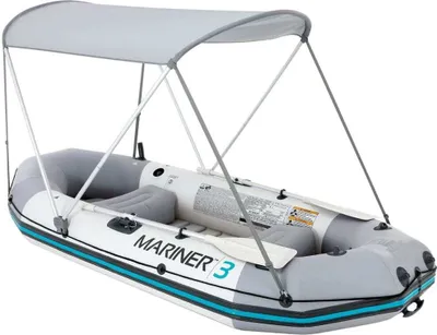 An inflatable boat with a canopy.