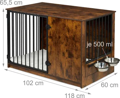 Image de Cage pour chien Relaxdays pour la maison, dimensions intérieures : 65,5 x 102 x 60 cm, 2 gamelles pivotantes, cage pour chien Industrial, MDF et acier, marron/noir