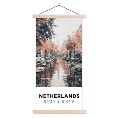 Produktbild von MuchoWow® Textilposter Niederlande - Amsterdam - Gracht - Herbst 60x120 cm mit holzfarbenen Rahmen - Holz