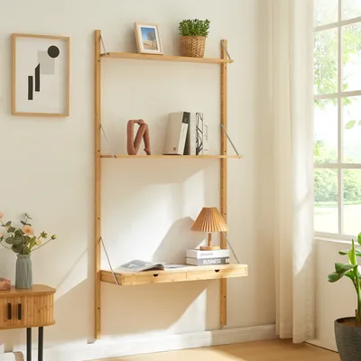 A wooden wall shelf with a desk attachment, decorated with books, a lamp, and a plant, next to a window.