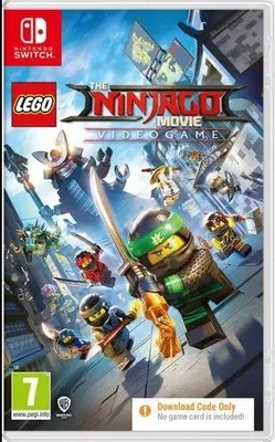 The image shows the cover art for the LEGO Ninjago Movie Videogame for Nintendo Switch. It features various LEGO Ninjago characters in action poses against a cityscape background.