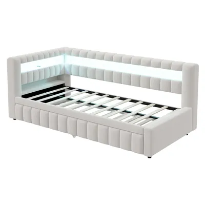 Produktbild von Flieks Polsterbett 90x200cm mit Ausziehbett (90x190cm), Tagesbett Schlafsofa mit Usb und Led, Jugendbett Kinderbett Einzelbett mit Lattenrost, Samt