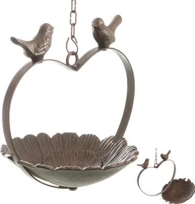 Produktbild von Vogeltränke aus Gusseisen im Vintage Look zum Hängen - Vogeltränke aus Eisen - Futterschale Vögel zum Hängen (Ø 19 cm / 35 cm (mit Vögeln)