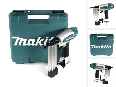 A Makita nail gun and its case are displayed against a white background, with additional product shots on the right.