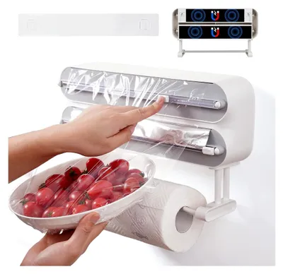 Produktbild von Wandrollenhalter für die Küche mit 3 Rollen, magnetischer Küchenrollenhalter, Frischhaltefolienschneider, Alufolienspender, Folienpapierrollenhalter