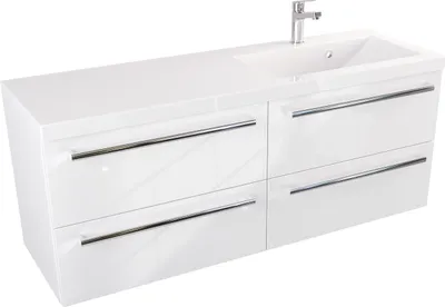 Produktbild von FURNI Waschtischunterschrank ATH 120 cm  - Weiß Hochglanz - Hängender Badschrank mit Mineralguss-Waschbecken - Griffe - Vormontiert