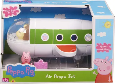 The image shows the Peppa Pig Air Peppa Jet playset in its retail packaging. The packaging is designed to resemble a sky with clouds, and features images of Peppa Pig characters and the jet itself. The product is displayed prominently within the clear plas