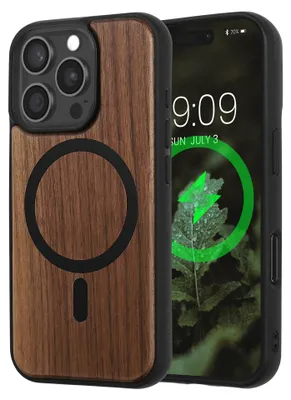Produktbild von kwmobile Hülle für Apple iPhone 16 Pro Handyhülle - Cover aus Holz und TPU - Kompatibel mit MagSafe - Case in Dunkelbraun Schwarz Holz