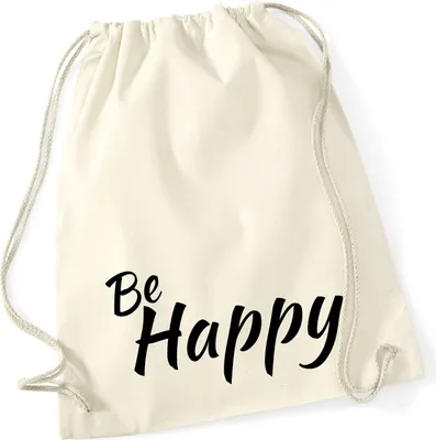 Produktbild von Huuraa Turnbeutel Be Happy Schriftzug 12 Liter Natural Baumwolle Rucksack Geschenkidee