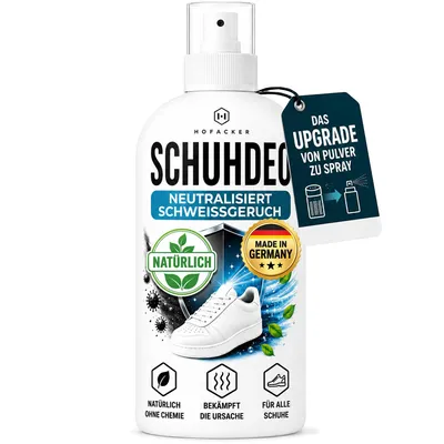 Produktbild von HOFACKER Schuhdeo Spray gegen Geruch – Schuh Deodorant mit effektiven Mikroorganismen, ohne Pulver & weiße Ränder, für Sneaker, Sportschuhe usw.