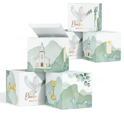 6 Give-Away-Boxen Taufe & Kommunion, Eukalyptus, 12 Stück