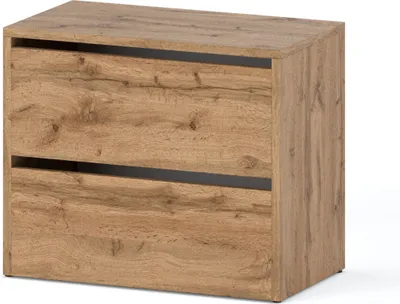 A close-up, front-facing view of a two-drawer cabinet with a wood-grain texture and black accent lines.