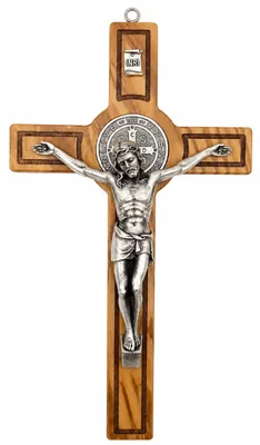 Olivenholz Wandkreuz 28x15 cm, Benediktus Kruzifix mit INRI