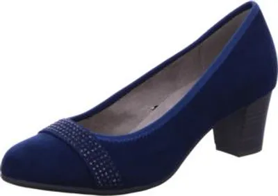 A single navy blue pump shoe with decorative embellishments on the toe strap is shown against a white background.