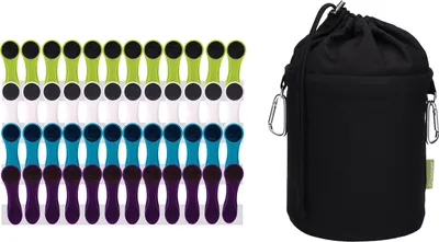 Produktbild von 48 Wäscheklammern mit Softgrip Blau Grün Weiß Lila Anthrazit und 1 Canvas Wäscheklammerbeutel Schwarz