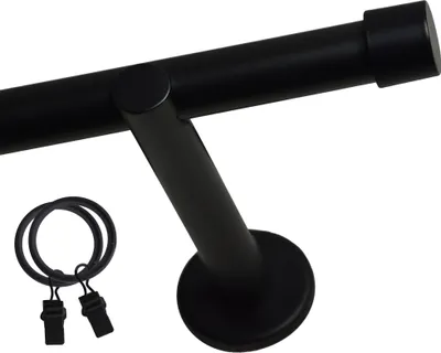 A black curtain rod with a bracket and two curtain rings with clips.