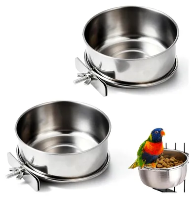 Produktbild von Edelstahl Vogel Futternapf, 2 Stück für Vogelkäfige, zum Einhängen für Vögel und Papageien (10 x 4,5 cm)
