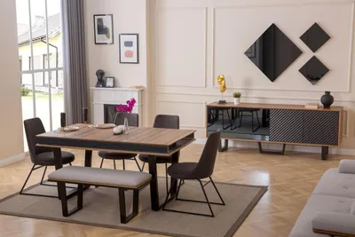 Produktbild von Esszimmer Set Esstisch 4х Stühle Bank Sideboard Essgruppe 3x Spiegel 10tlg