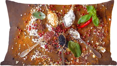 Produktbild von MuchoWow® Zierkissen Sofakissen Wohnzimmer Dekokissen 50x30 cm Gewürze - Kräuter - Löffel - Salz - Braun - Küche - Wohnzimmerdekoration - Polster mit Photo