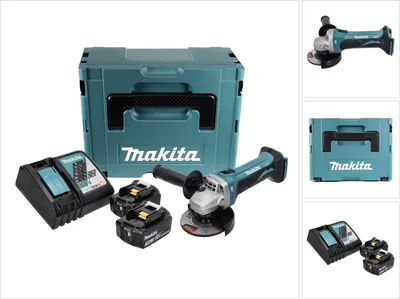 A cordless angle grinder kit with batteries, charger, and storage case.