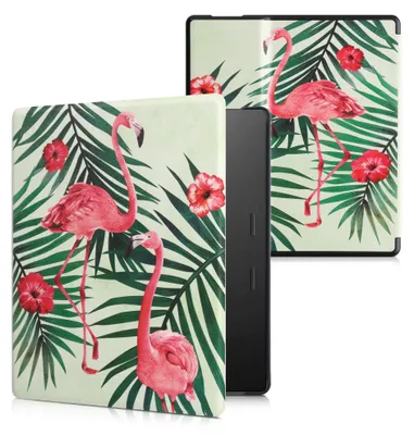 Produktbild von kwmobile Schutzhülle für Amazon Kindle Oasis 10. Generation Hülle - eReader Flip Case mit Auto Sleep Funktion - Flamingo Palmen mit Rosa Grün Hellgrün