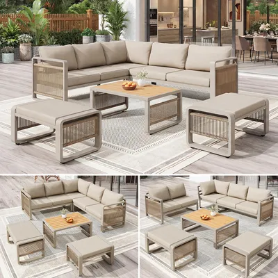 Produktbild von Garten Loungesessel Set für 6-7 Personen – handgewebtes Seil-Gartensofa, wetterfeste Eckgarnitur & Liege aus Eisen, verstellbare Füße, inkl. weicher Polster, Beige