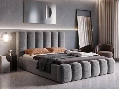 Produktbild von Polsterbett 160x200 mit Bettkasten VELARO, Stauraum und Metall-Lattenrost – Bouclé Stoff Grau