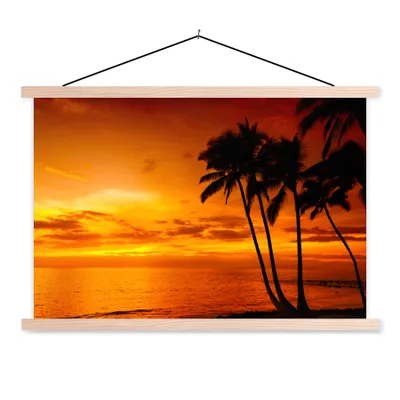 Produktbild von MuchoWow® Textilposter Palme - Sonnenuntergang - Tropisch - Orange - Meer 120x80 cm mit holzfarbenen Rahmen - Aufhängeset