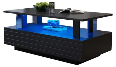Image de Table basse - Table d'appoint rectangulaire avec deux niveaux - Rangement intégré - Acrylique - Structure en bois - Noir