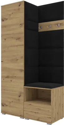 A corner wardrobe set with a tall cabinet and a bench with hooks above.