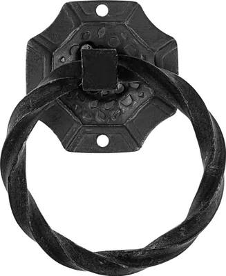 A black metal door knocker with a twisted ring.