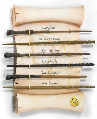 A collection of Harry Potter wands displayed on a scroll-like background.