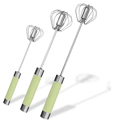Produktbild von 3 grüne halbautomatische Schneebesen aus Edelstahl – Hand-Dreh-Schneebesen, Mixer, automatischer Schneebesen zum Mischen, Rühren von Teig, Eiern, Aufschäumen, Schlagen, hochwertiger Schneebesen für Wo