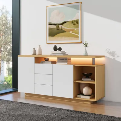 Produktbild von MODFU Sideboard Kommode mit 2 offene Fächer,Beistellschrank mit 2 Türen und 3 Schubladen,140 cm Buffetschrank mit LED-Beleuchtung,weiß