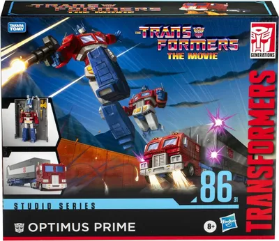 The image shows the packaging for a Transformers Studio Series Optimus Prime toy, featuring artwork of the character and his truck mode.
